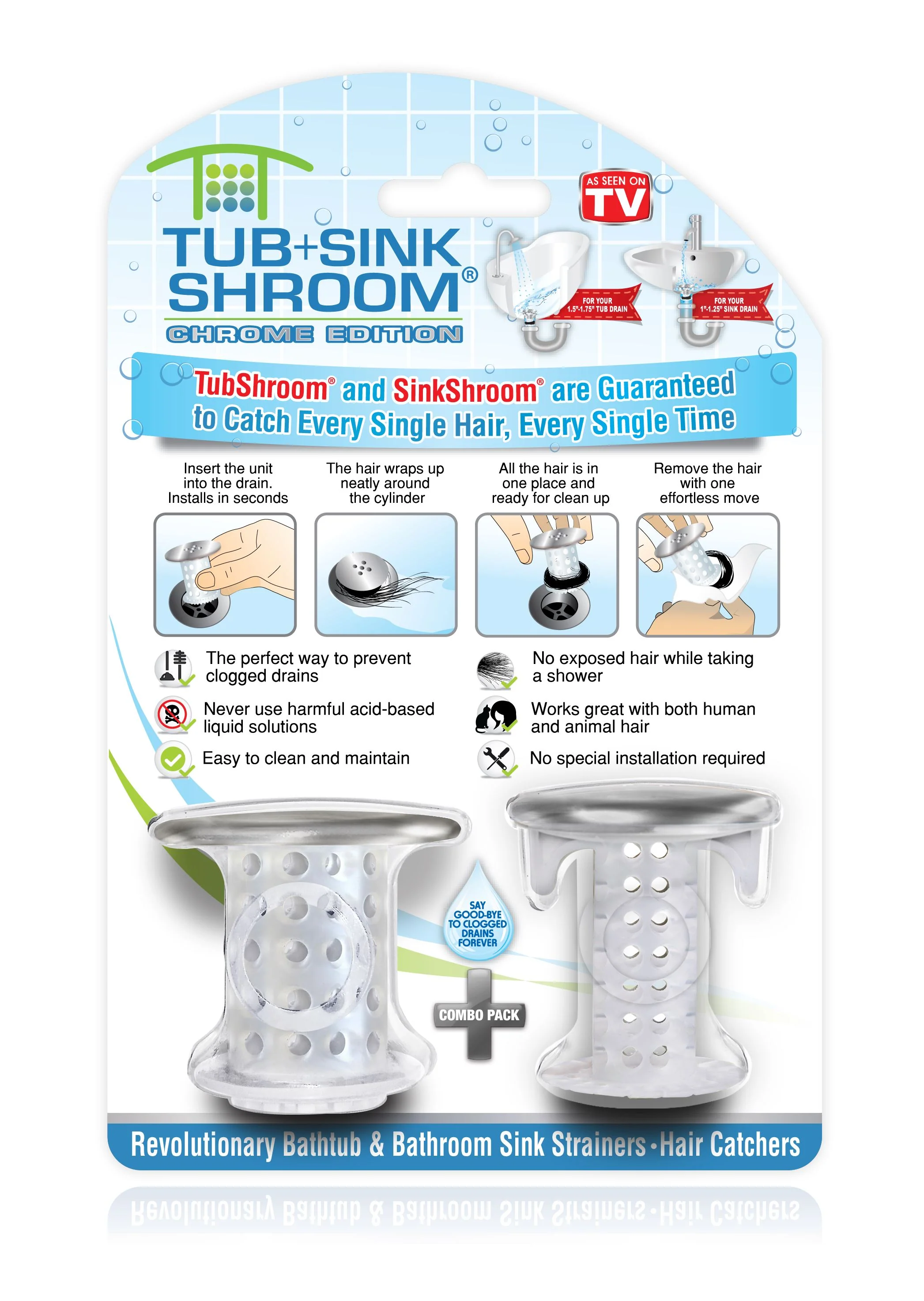 TubShroom & SinkShroom Drain Hair Catcher Combo Pack, Chrome Silicone Tub & Sink Drain Protectors, Anti-Clog Bathroom Accessories