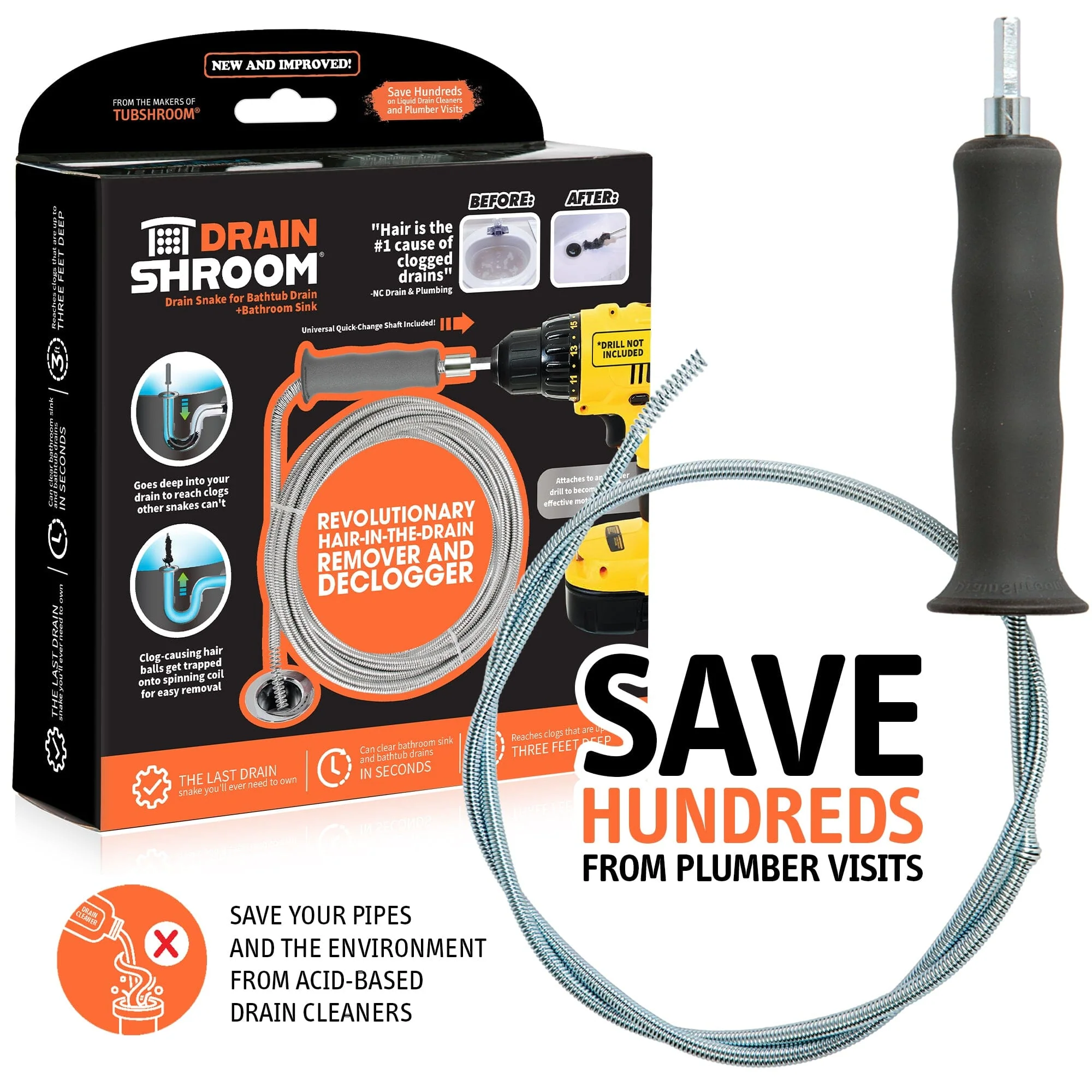 DrainShroom Tub and Sink Snake Auger Clog Remover for Drains, 36 Inch, Stainless - Image 8