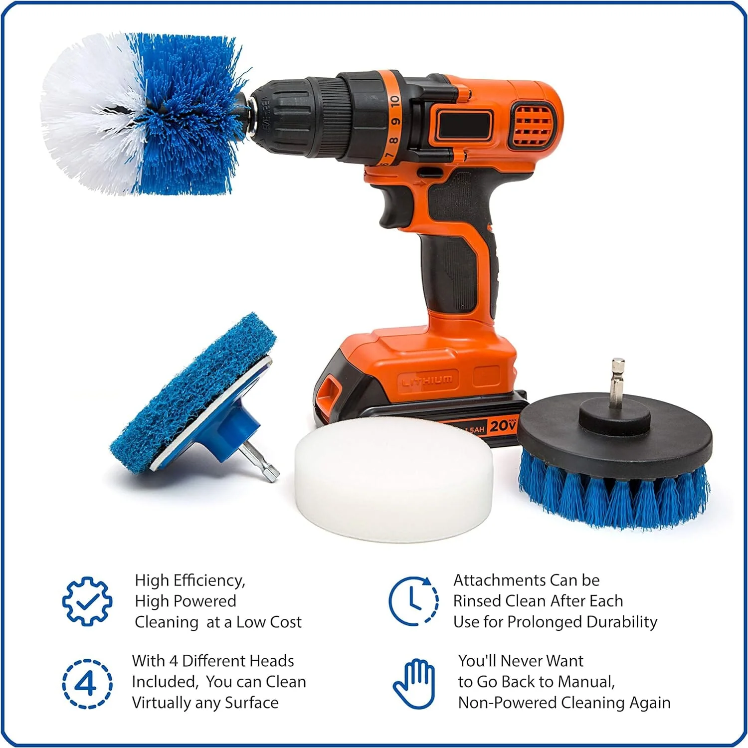 RevoClean 4 Piece Scrub Brush Power Drill Attachments-All Purpose Time Saving Kit-Perfect for Cleaning Grout, Tile, Counter, Shower, Grill, Floor, Kitchen, Blue & White - Image 2