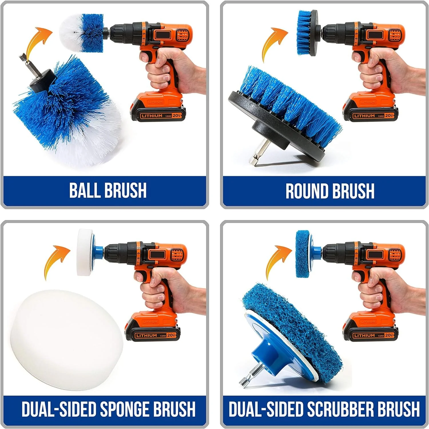 RevoClean 4 Piece Scrub Brush Power Drill Attachments-All Purpose Time Saving Kit-Perfect for Cleaning Grout, Tile, Counter, Shower, Grill, Floor, Kitchen, Blue & White - Image 3