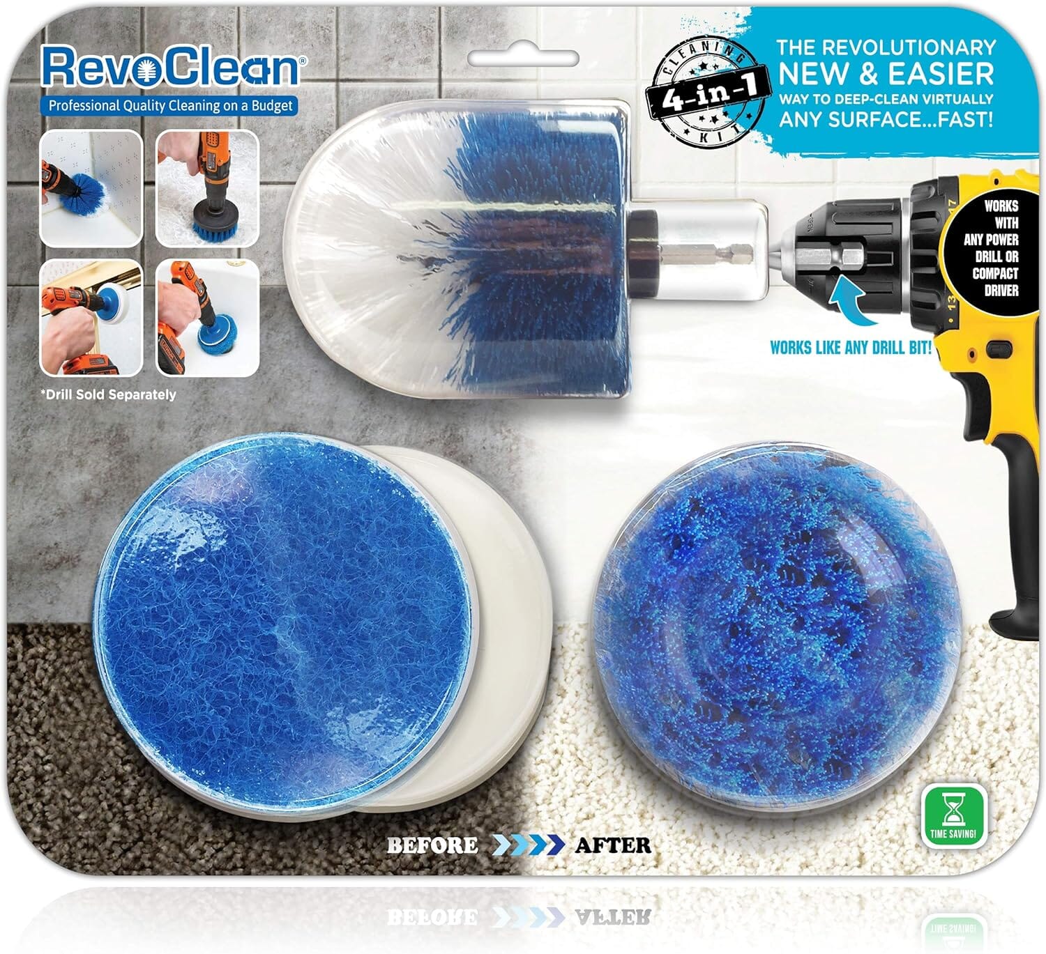 RevoClean 4 Piece Scrub Brush Power Drill Attachments-All Purpose Time Saving Kit-Perfect for Cleaning Grout, Tile, Counter, Shower, Grill, Floor, Kitchen, Blue & White - Image 4