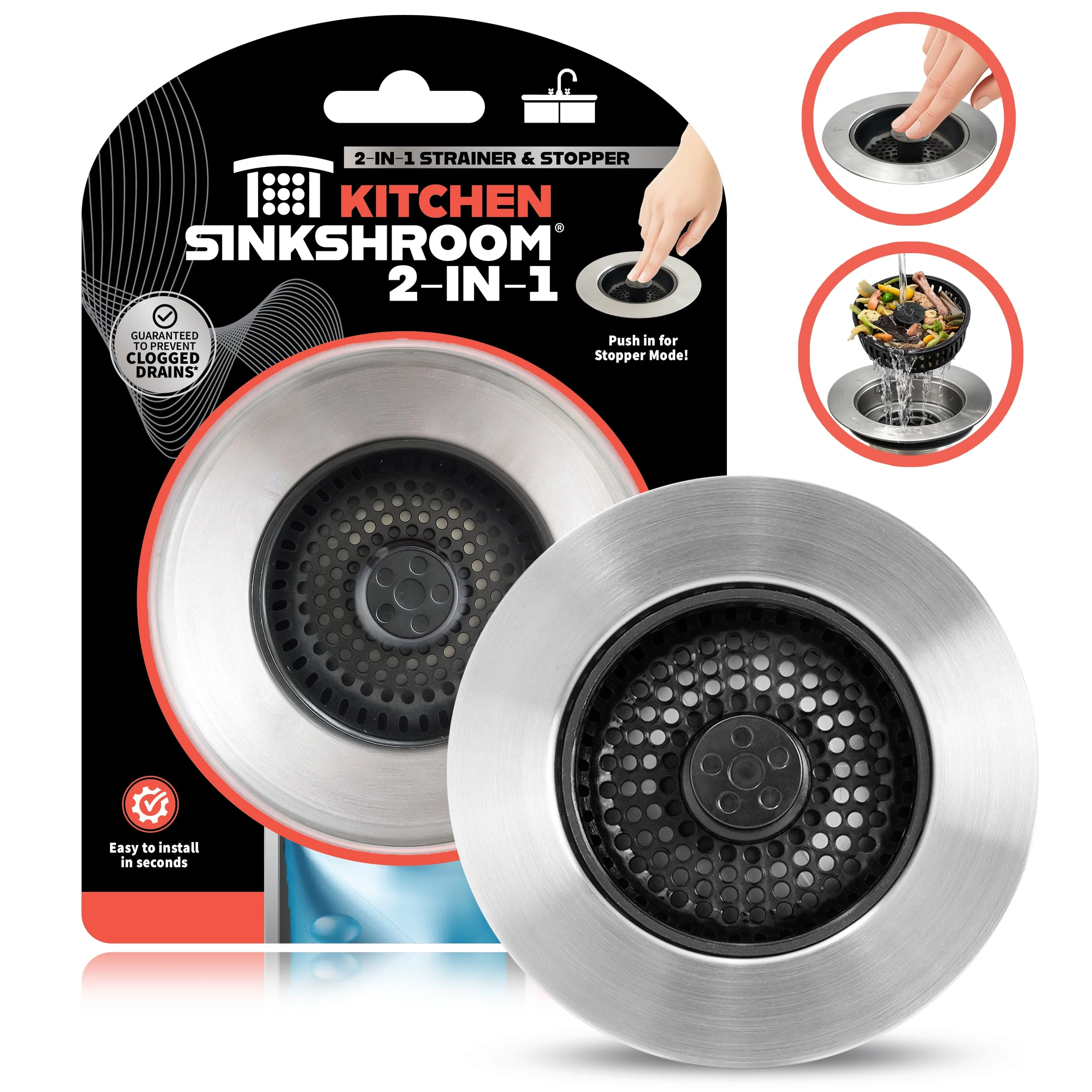 SinkShroom Kitchen Sink Drain Strainer, 2-in-1 Pop-Up Sink Stopper & Strainer with Removable Anti-Clog Basket, 304 Stainless Steel, Fits 3"-3.4" US Standard Drains