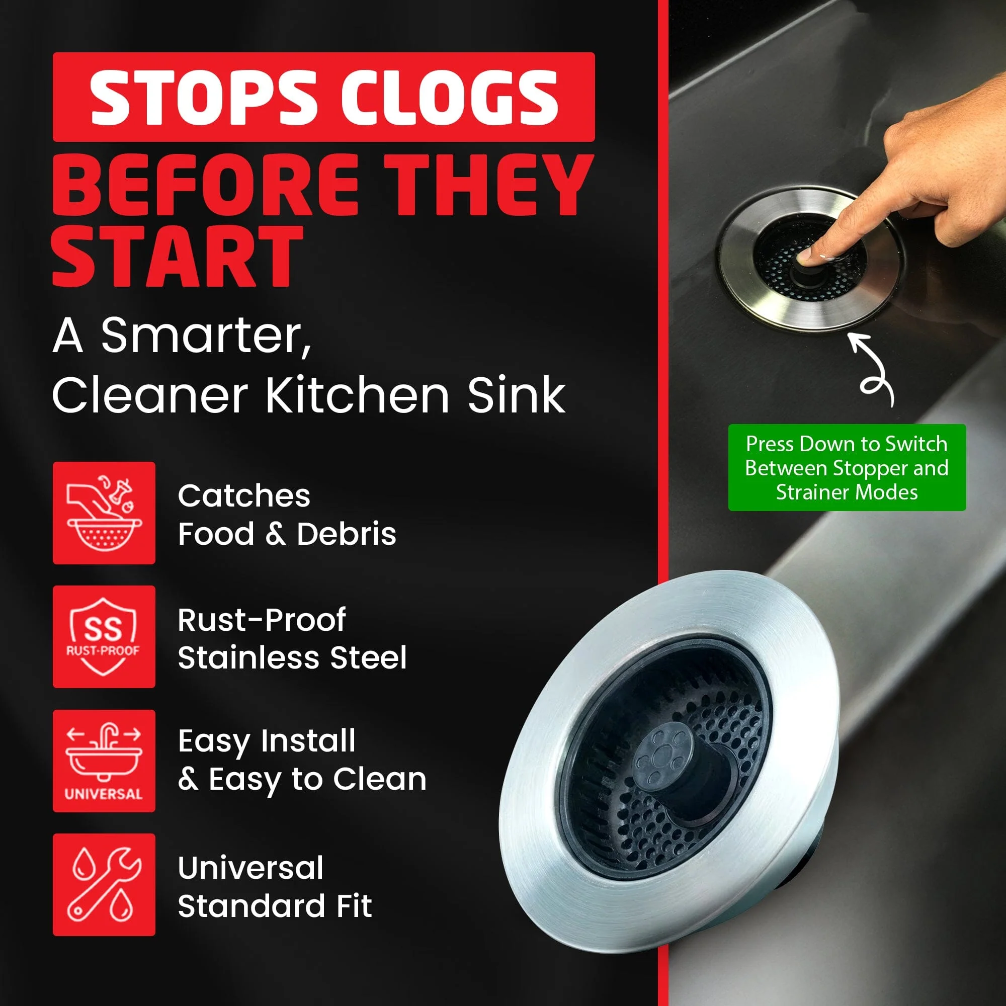 SinkShroom Kitchen Sink Drain Strainer, 2-in-1 Pop-Up Sink Stopper & Strainer with Removable Anti-Clog Basket, 304 Stainless Steel, Fits 3"-3.4" US Standard Drains - Image 2