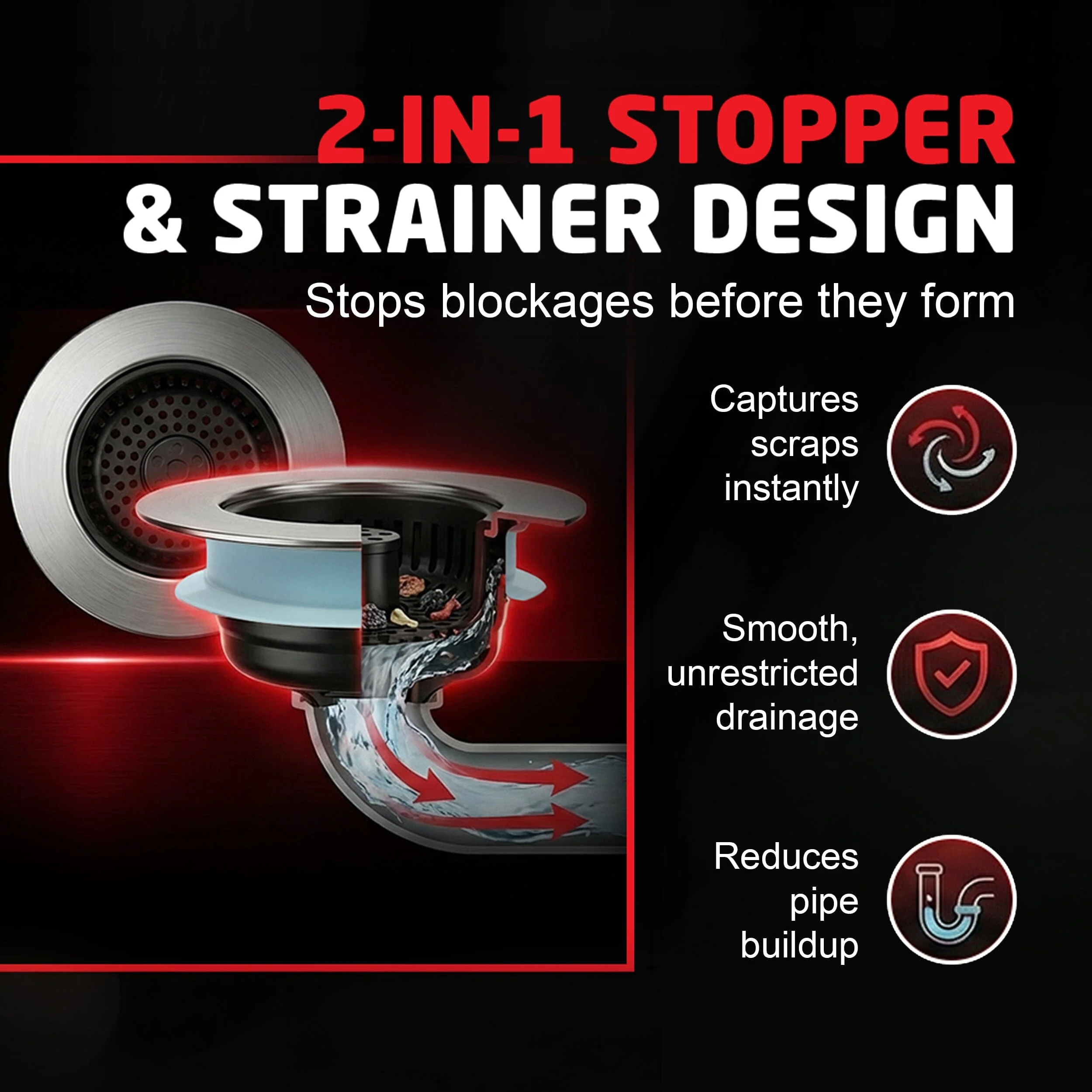 SinkShroom Kitchen Sink Drain Strainer, 2-in-1 Pop-Up Sink Stopper & Strainer with Removable Anti-Clog Basket, 304 Stainless Steel, Fits 3"-3.4" US Standard Drains - Image 3