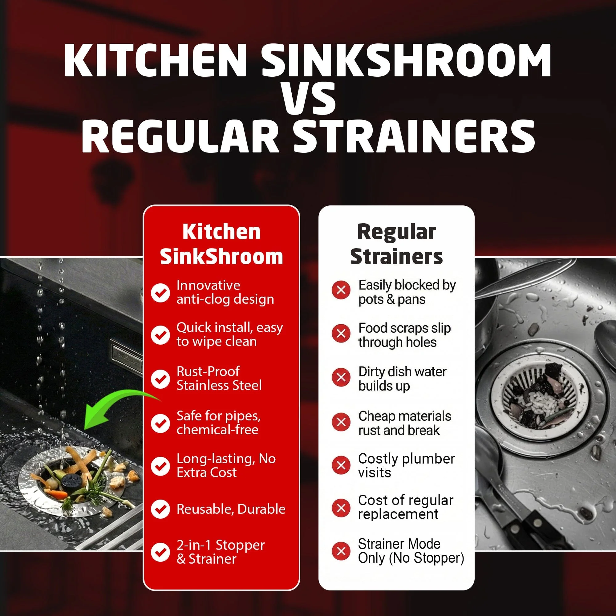 SinkShroom Kitchen Sink Drain Strainer, 2-in-1 Pop-Up Sink Stopper & Strainer with Removable Anti-Clog Basket, 304 Stainless Steel, Fits 3"-3.4" US Standard Drains - Image 6