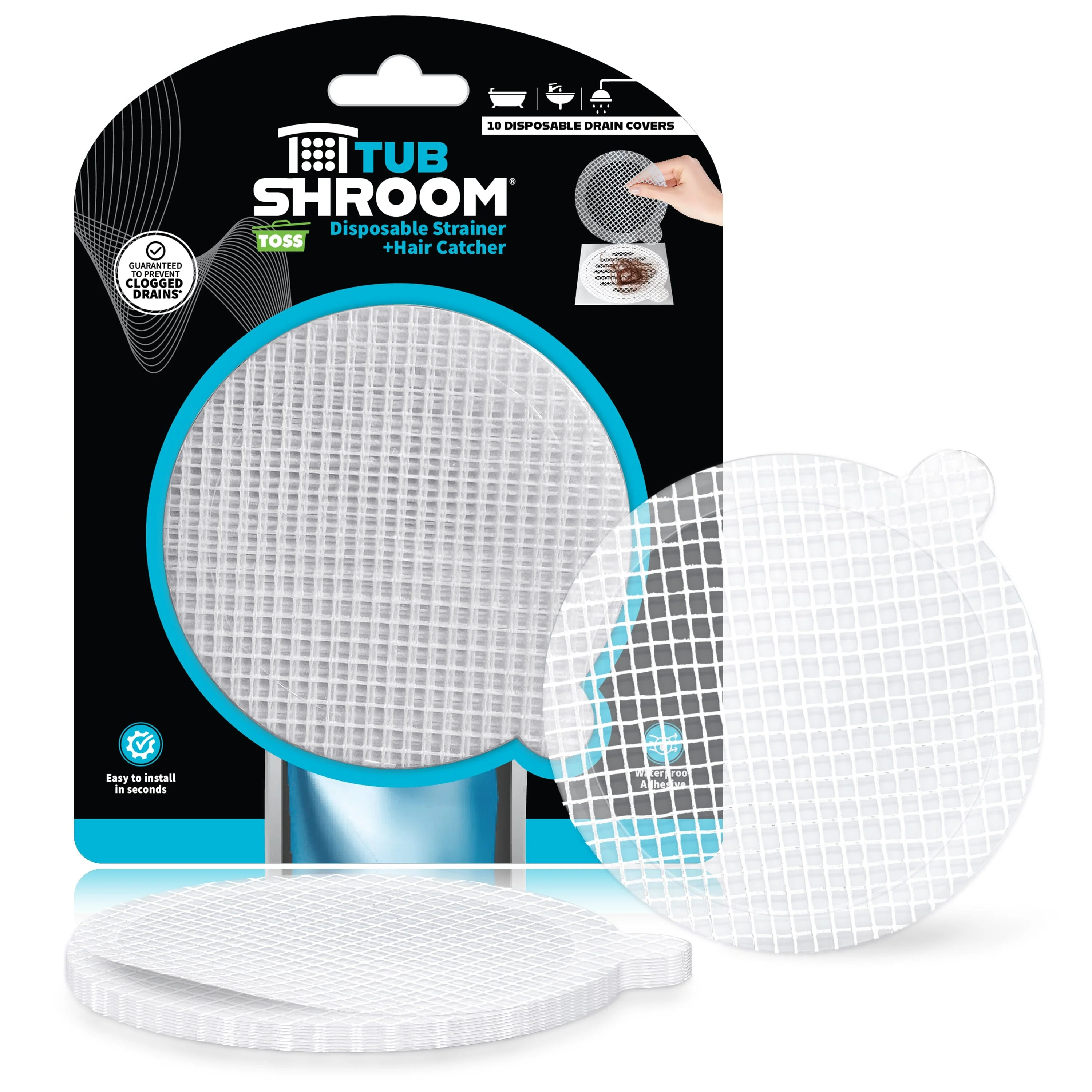 TubShroom 10 Pack Disposable Drain Cover - Hair Catcher Mesh Sticker Strainers for Shower, Bathtub, and Bathroom - Hair Catcher Sticker Drain Protector - 2 Month Supply