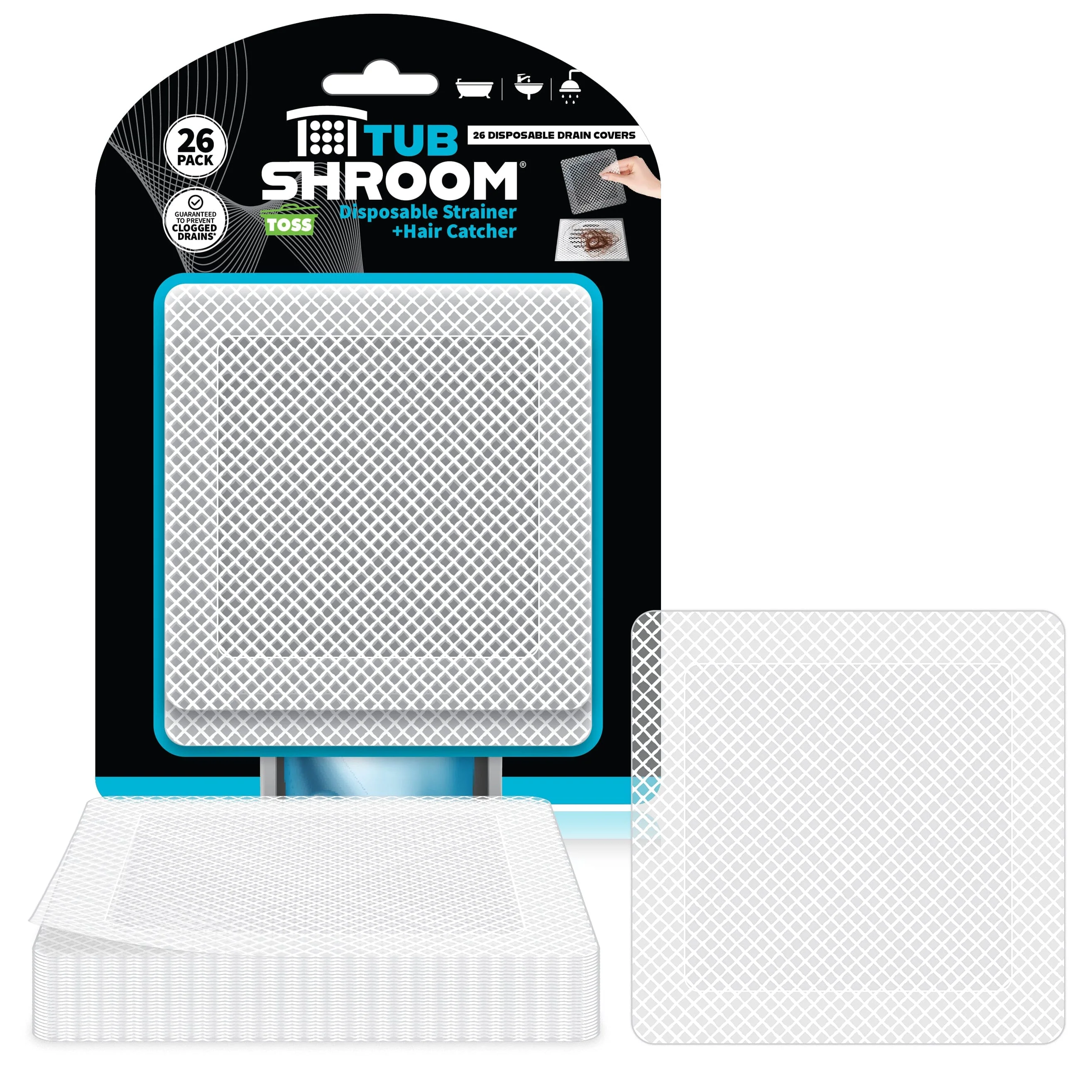 TubShroom 26-Pack Square Disposable Drain Cover - Hair Catcher Mesh Sticker Strainers for Shower, Bathtub, and Bathroom - Hair Catcher Sticker Drain Protector - Half-Year Supply