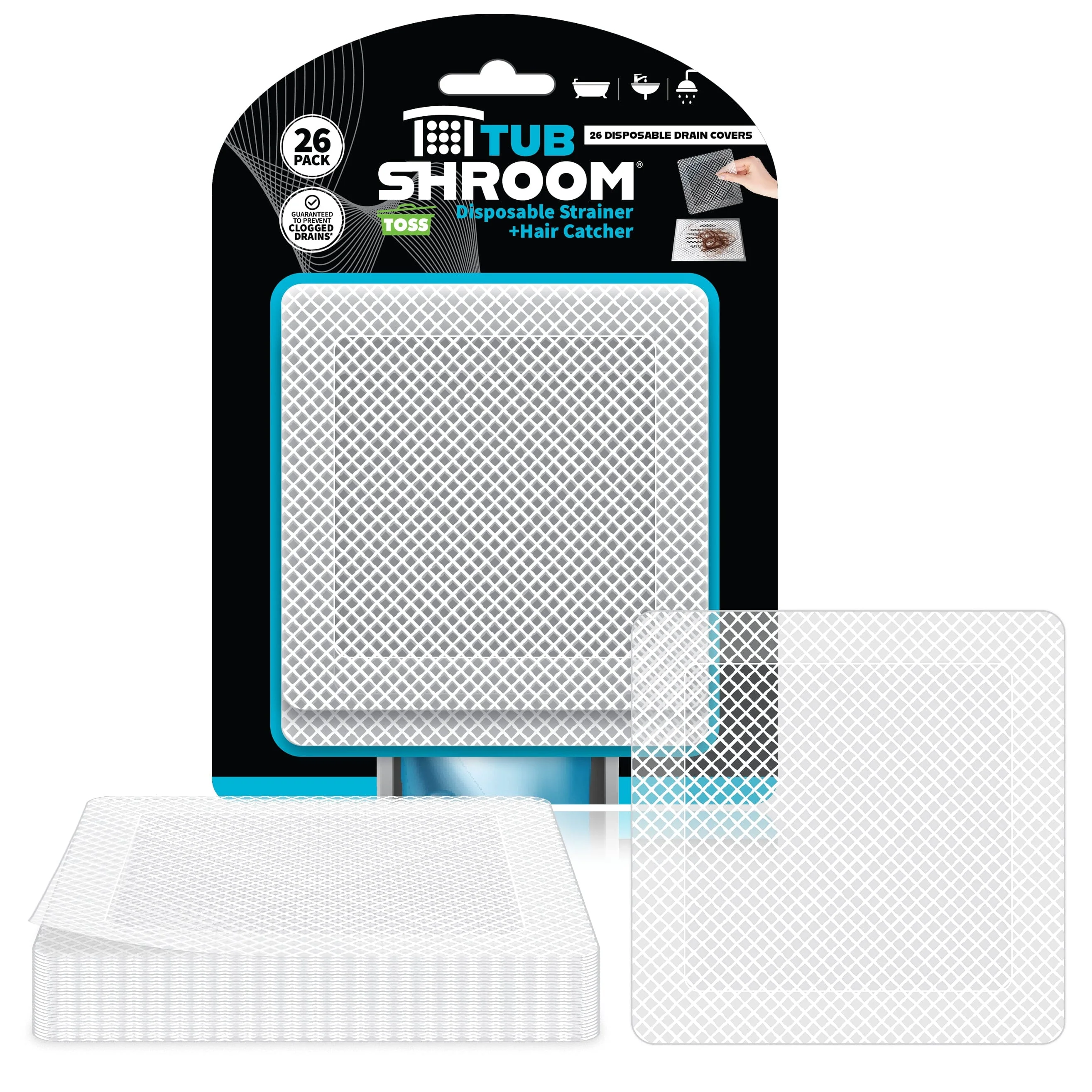 TubShroom 26-Pack Square Disposable Drain Cover - Hair Catcher Mesh Sticker Strainers for Shower, Bathtub, and Bathroom - Hair Catcher Sticker Drain Protector - Half-Year Supply - Image 2
