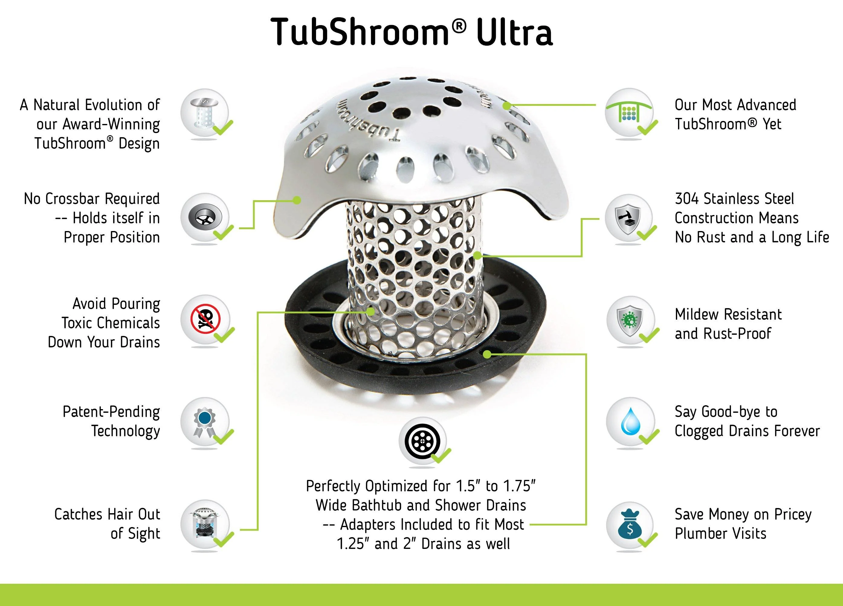 TubShroom Ultra Stainless-Steel Tub Drain Hair Catcher & StopShroom Plug Combo, Anti-Clog Bathtub Drain Protector Kit, 1 Set - Image 3